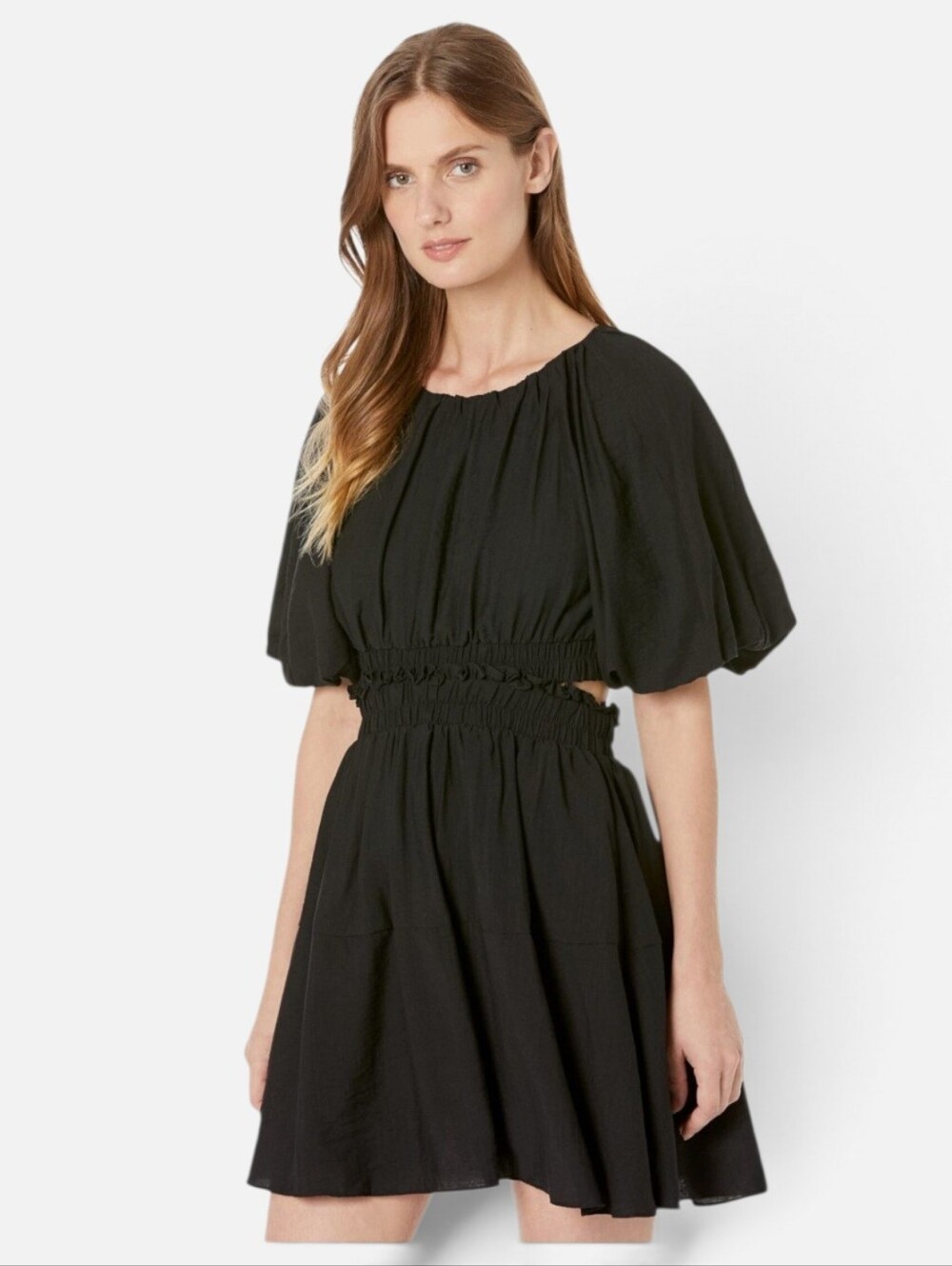 Moon River Black Back Cut Out Bubble Short Sleeve Fit & Flare Mini Dress…